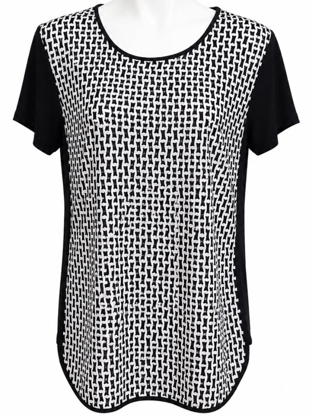 S/P Women's Black White Geometric Print Short Sleeve Tunic Blouse Casual Top